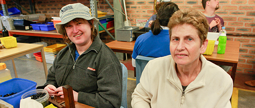 Two people with disability sit in a room; one looks at the camera, the other smiles at the camera. Behind them are other people sitting at tables. Colourful objects are on the tables