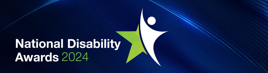 Blue background with white text says National Disability Awards, and in green text it says 2024. A graphic of a green star and an outline of a person in white are on the right.