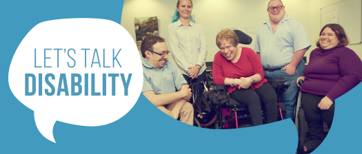 Let's Talk Disability logo banner with photo of presenters laughing