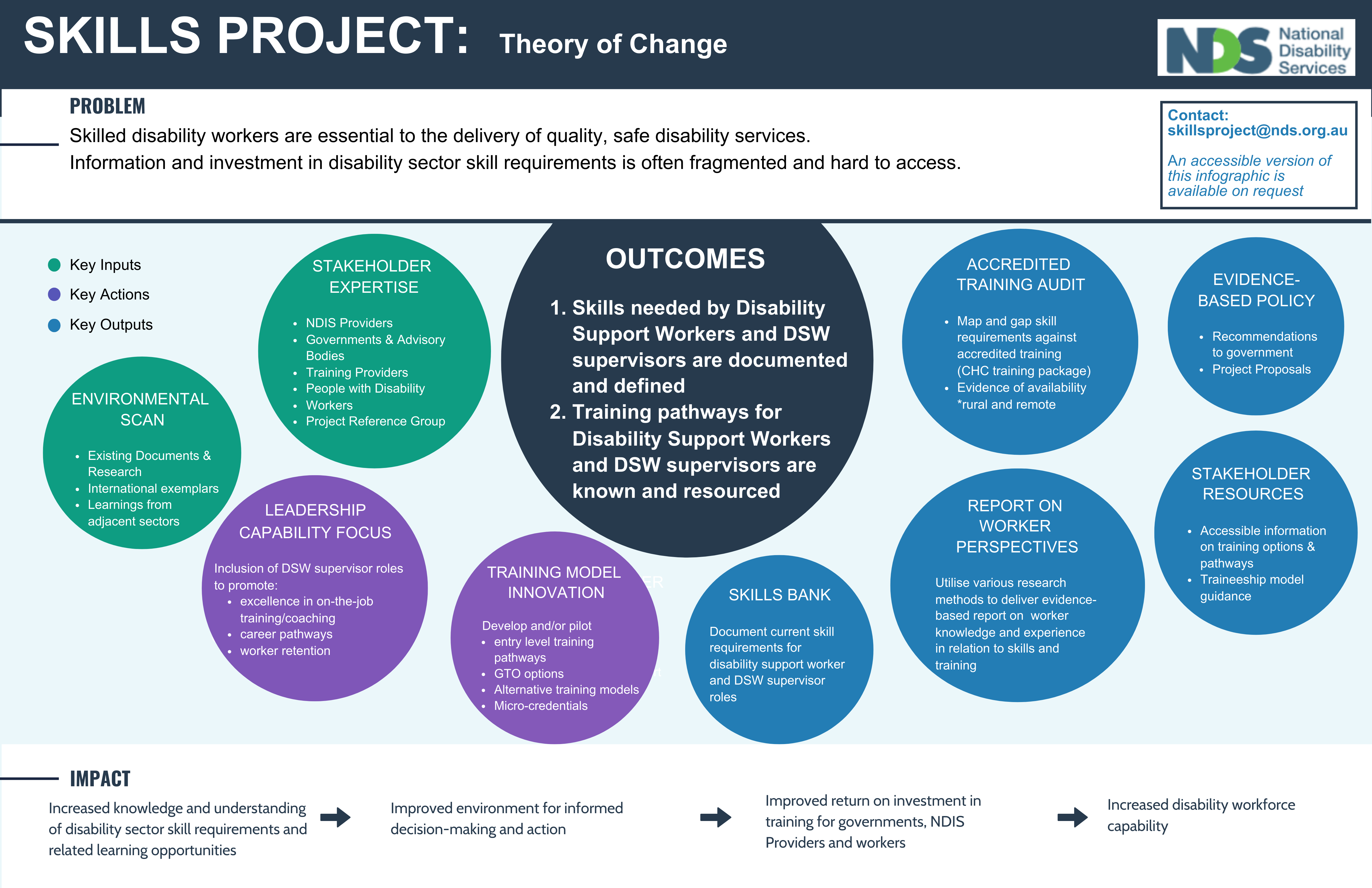 NDS Skills Project: Theory of Change infographic shows the problem, outcomes, key inputs, key actions, key outputs, and impact.
